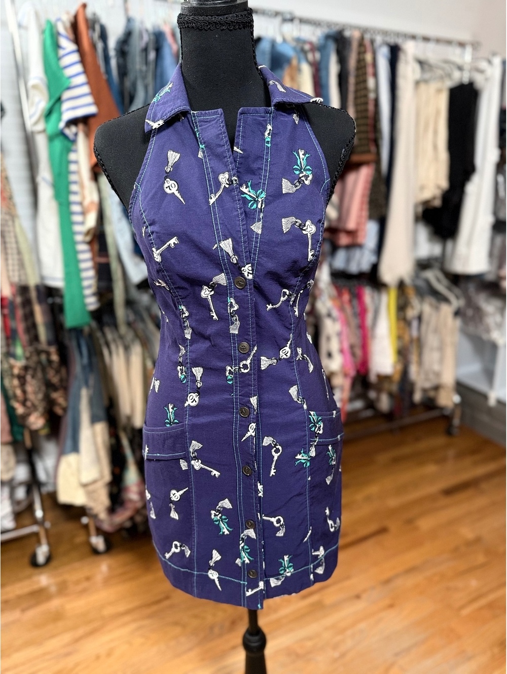 ANTHROPOLOGIE Maeve Amelia Key Print T-Back Mini Dress Navy NWT XS